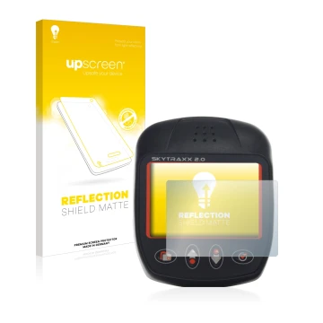 Face avant d’un emballage produit avec le logo de la marque upscreen. À côté, l’appareil Skytraxx 2.0 Vario est représenté ave