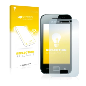 Face avant d’un emballage produit avec le logo de la marque upscreen. À côté, l’appareil Samsung Galaxy Ace S5830i est représe