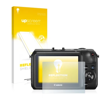 Face avant d’un emballage produit avec le logo de la marque upscreen. À côté, l’appareil Canon EOS M est représenté avec la pr