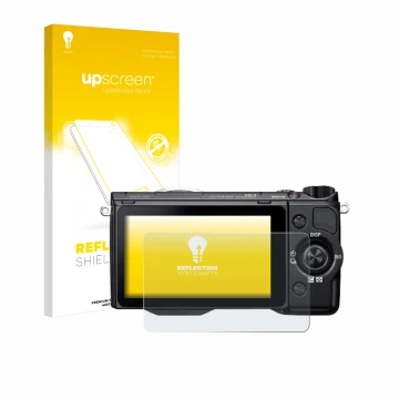 Face avant d’un emballage produit avec le logo de la marque upscreen. À côté, l’appareil Sony Alpha NEX-5R est représenté avec