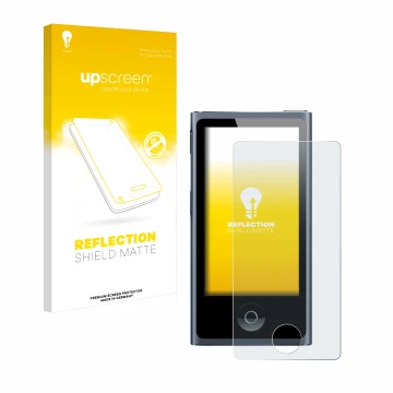 Face avant d’un emballage produit avec le logo de la marque upscreen. À côté, l’appareil Apple iPod nano 2012 (7ème Gen.) est 