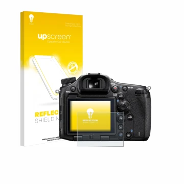 Face avant d’un emballage produit avec le logo de la marque upscreen. À côté, l’appareil Sony Alpha 99 est représenté avec la 