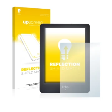 Face avant d’un emballage produit avec le logo de la marque upscreen. À côté, l’appareil Kobo Glo est représenté avec la prote