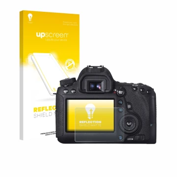 Face avant d’un emballage produit avec le logo de la marque upscreen. À côté, l’appareil Canon EOS 6D est représenté avec la p