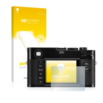 Face avant d’un emballage produit avec le logo de la marque upscreen. À côté, l’appareil Leica M (Typ 240) est représenté avec