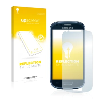 Face avant d’un emballage produit avec le logo de la marque upscreen. À côté, l’appareil Samsung Galaxy S3 Mini I8190 est repr