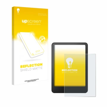 Face avant d’un emballage produit avec le logo de la marque upscreen. À côté, l’appareil Amazon Kindle Paperwhite 2012 est rep