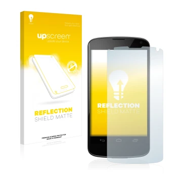 Face avant d’un emballage produit avec le logo de la marque upscreen. À côté, l’appareil Google Nexus 4 est représenté avec la