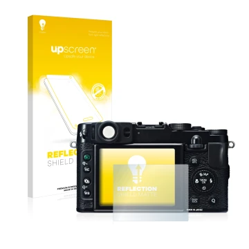 Face avant d’un emballage produit avec le logo de la marque upscreen. À côté, l’appareil Fujifilm X20 est représenté avec la p