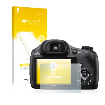 Face avant d’un emballage produit avec le logo de la marque upscreen. À côté, l’appareil Sony Cyber-Shot DSC-HX300 est représe