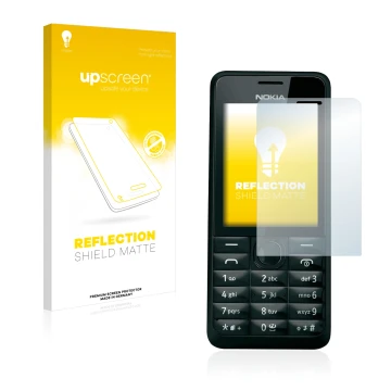 Face avant d’un emballage produit avec le logo de la marque upscreen. À côté, l’appareil Nokia 301 est représenté avec la prot