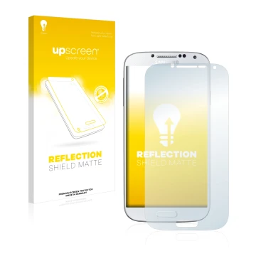 Face avant d’un emballage produit avec le logo de la marque upscreen. À côté, l’appareil Samsung Galaxy S4 est représenté avec