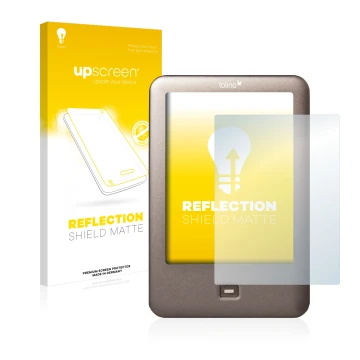 Face avant d’un emballage produit avec le logo de la marque upscreen. À côté, l’appareil Tolino Shine est représenté avec la p