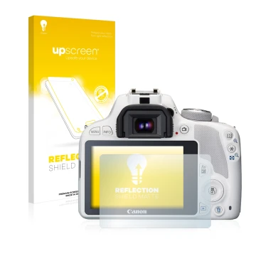 Face avant d’un emballage produit avec le logo de la marque upscreen. À côté, l’appareil Canon EOS 100D est représenté avec la
