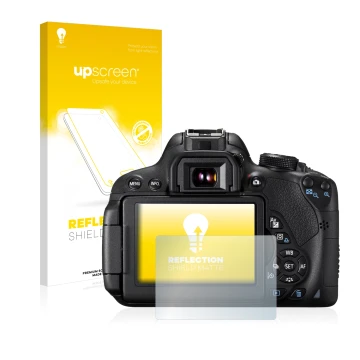 Face avant d’un emballage produit avec le logo de la marque upscreen. À côté, l’appareil Canon EOS 700D est représenté avec la