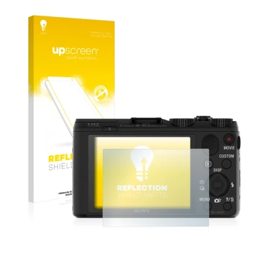 Face avant d’un emballage produit avec le logo de la marque upscreen. À côté, l’appareil Sony Cyber-Shot DSC-HX50V est représe