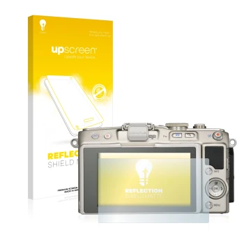 Face avant d’un emballage produit avec le logo de la marque upscreen. À côté, l’appareil Olympus PEN E-PL6 est représenté avec