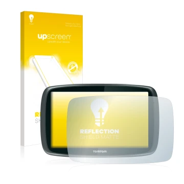 Face avant d’un emballage produit avec le logo de la marque upscreen. À côté, l’appareil TomTom GO 6000 est représenté avec la