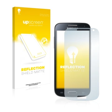 Face avant d’un emballage produit avec le logo de la marque upscreen. À côté, l’appareil Samsung Galaxy S4 Mini LTE (4G) I9195