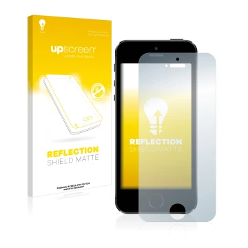 Face avant d’un emballage produit avec le logo de la marque upscreen. À côté, l’appareil Apple iPhone 5S est représenté avec l