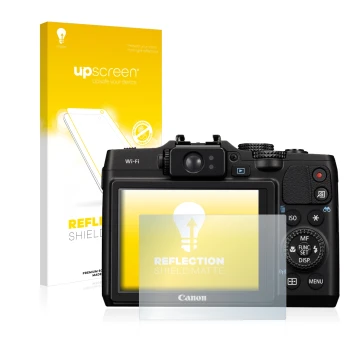 Face avant d’un emballage produit avec le logo de la marque upscreen. À côté, l’appareil Canon PowerShot G16 est représenté av