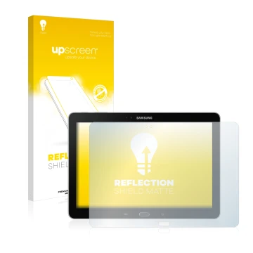 Face avant d’un emballage produit avec le logo de la marque upscreen. À côté, l’appareil Samsung Galaxy Note 10.1 2014 Edition