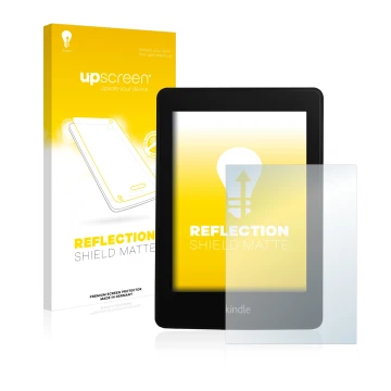 Face avant d’un emballage produit avec le logo de la marque upscreen. À côté, l’appareil Amazon Kindle Paperwhite 2013 est rep