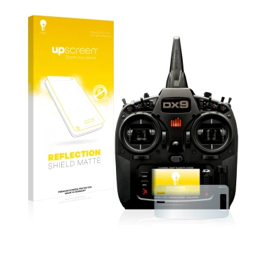 Face avant d’un emballage produit avec le logo de la marque upscreen. À côté, l’appareil Spektrum DX9 est représenté avec la p