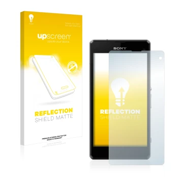 Face avant d’un emballage produit avec le logo de la marque upscreen. À côté, l’appareil Sony Xperia Z1 Compact D5503 est repr