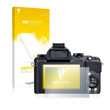 Face avant d’un emballage produit avec le logo de la marque upscreen. À côté, l’appareil Olympus Stylus 1 est représenté avec 