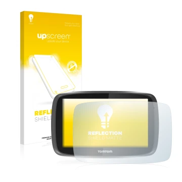 Face avant d’un emballage produit avec le logo de la marque upscreen. À côté, l’appareil TomTom GO 5000 est représenté avec la