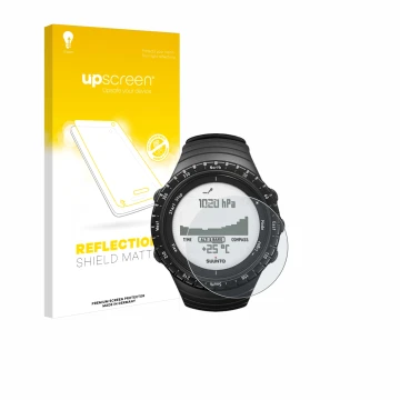 Face avant d’un emballage produit avec le logo de la marque upscreen. À côté, l’appareil Suunto Core Regular Black est représe