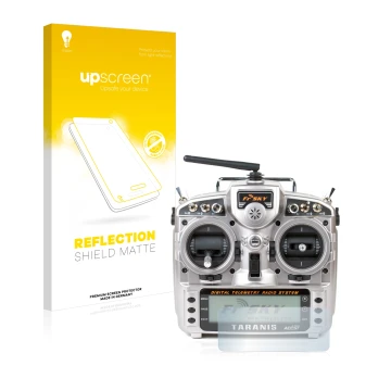 Face avant d’un emballage produit avec le logo de la marque upscreen. À côté, l’appareil FrSky Taranis X9D est représenté avec