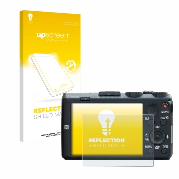 Face avant d’un emballage produit avec le logo de la marque upscreen. À côté, l’appareil Sony Cyber-Shot DSC-HX60 est représen