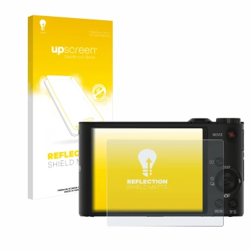 Face avant d’un emballage produit avec le logo de la marque upscreen. À côté, l’appareil Sony Cyber-Shot DSC-WX350 est représe