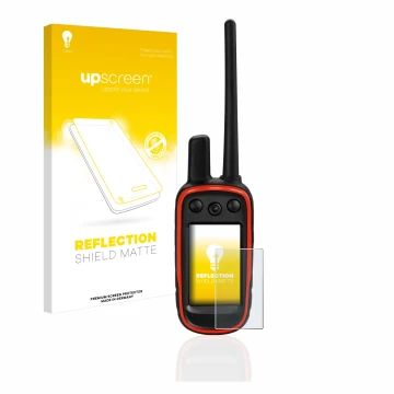 Face avant d’un emballage produit avec le logo de la marque upscreen. À côté, l’appareil Garmin Alpha 100 est représenté avec 