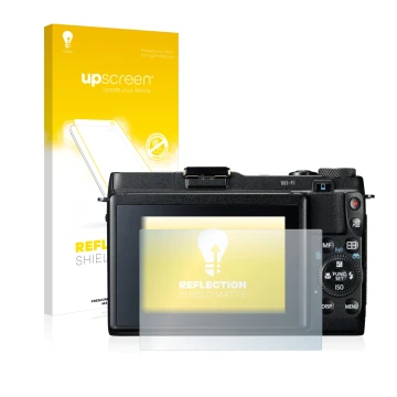 Face avant d’un emballage produit avec le logo de la marque upscreen. À côté, l’appareil Canon PowerShot G1 X Mark II est repr
