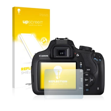 Face avant d’un emballage produit avec le logo de la marque upscreen. À côté, l’appareil Canon EOS 1200D est représenté avec l