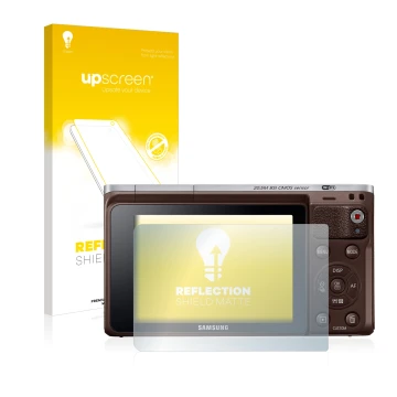 Face avant d’un emballage produit avec le logo de la marque upscreen. À côté, l’appareil Samsung NX Mini est représenté avec l