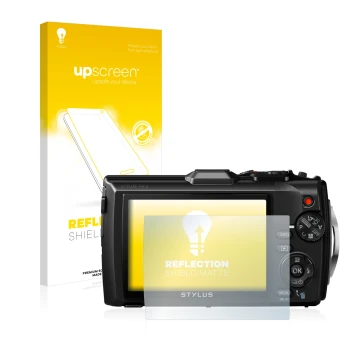Face avant d’un emballage produit avec le logo de la marque upscreen. À côté, l’appareil Olympus Stylus Tough TG-3 est représe