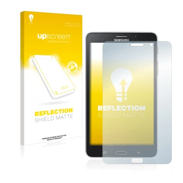 Face avant d’un emballage produit avec le logo de la marque upscreen. À côté, l’appareil Samsung Galaxy Tab Tab 4 7.0 LTE est 