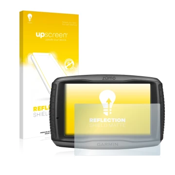 Face avant d’un emballage produit avec le logo de la marque upscreen. À côté, l’appareil Garmin zumo 590LM est représenté avec