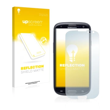 Face avant d’un emballage produit avec le logo de la marque upscreen. À côté, l’appareil Samsung Galaxy S3 Neo I9300I est repr