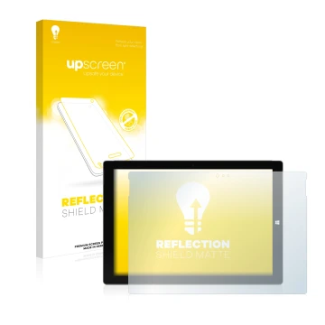 Face avant d’un emballage produit avec le logo de la marque upscreen. À côté, l’appareil Microsoft Surface Pro 3 est représent