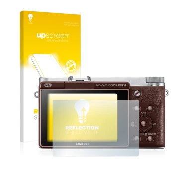 Face avant d’un emballage produit avec le logo de la marque upscreen. À côté, l’appareil Samsung NX3000 est représenté avec la