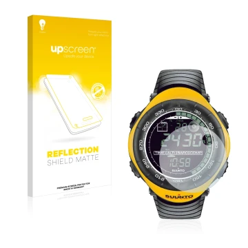 Face avant d’un emballage produit avec le logo de la marque upscreen. À côté, l’appareil Suunto Vector Yellow est représenté a