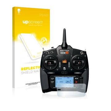 Face avant d’un emballage produit avec le logo de la marque upscreen. À côté, l’appareil Spektrum DX6 est représenté avec la p