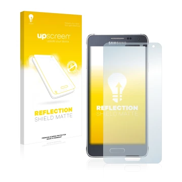 Face avant d’un emballage produit avec le logo de la marque upscreen. À côté, l’appareil Samsung Galaxy Alpha SM-G850F est rep