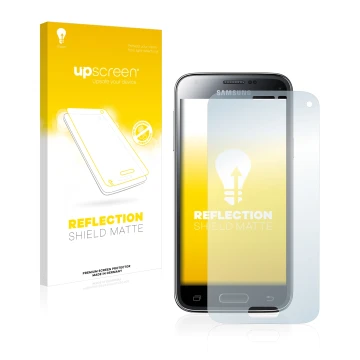 Face avant d’un emballage produit avec le logo de la marque upscreen. À côté, l’appareil Samsung Galaxy S5 Mini SM-G800F est r
