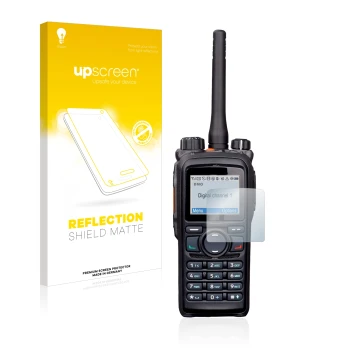 Face avant d’un emballage produit avec le logo de la marque upscreen. À côté, l’appareil Hytera PD785 est représenté avec la p